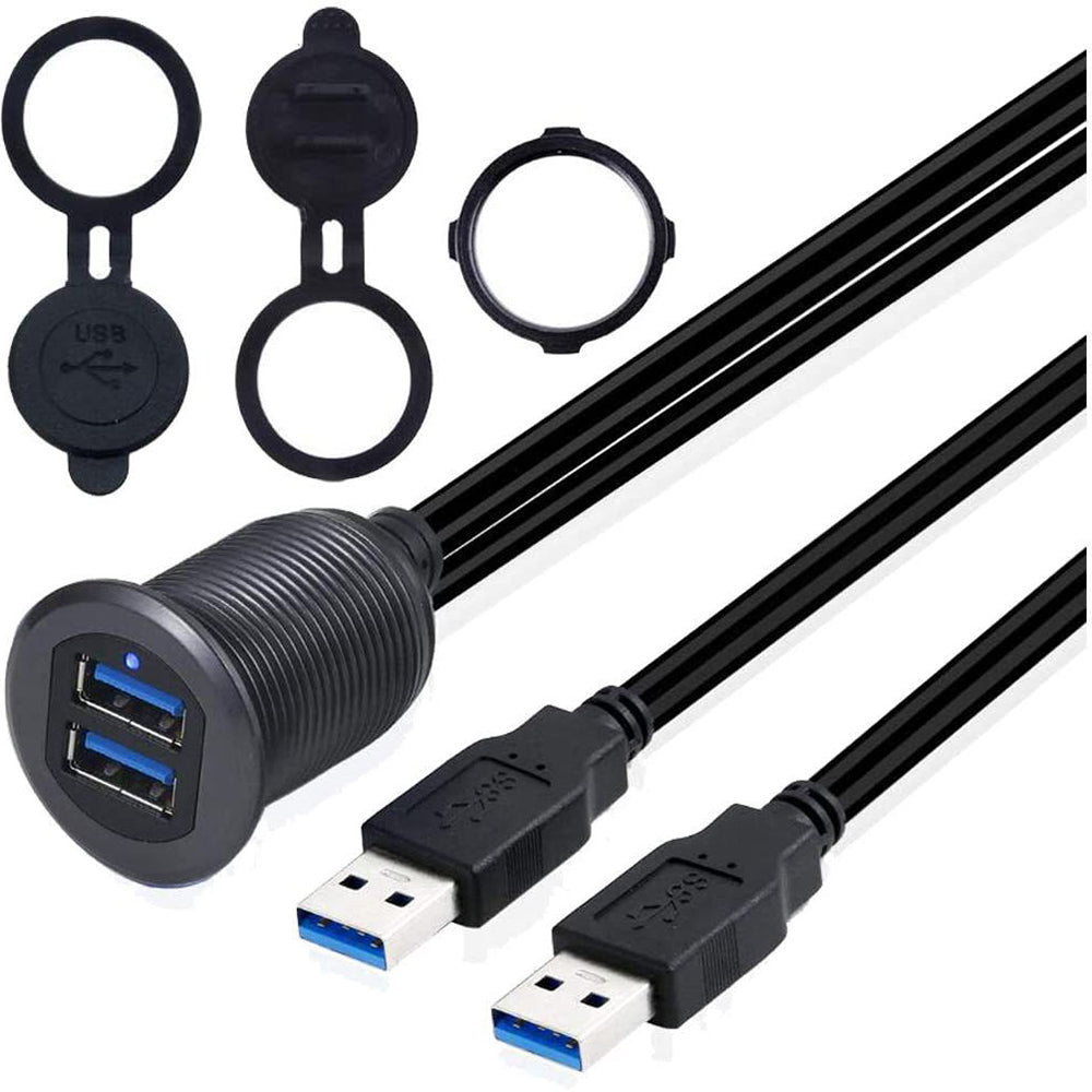 1m Metal Case Dual USB 3.0 Extension Cable Waterproof Car Dashboard Data Cable Mount Panel with LED for Ship/Motorbike/Car Dashboard