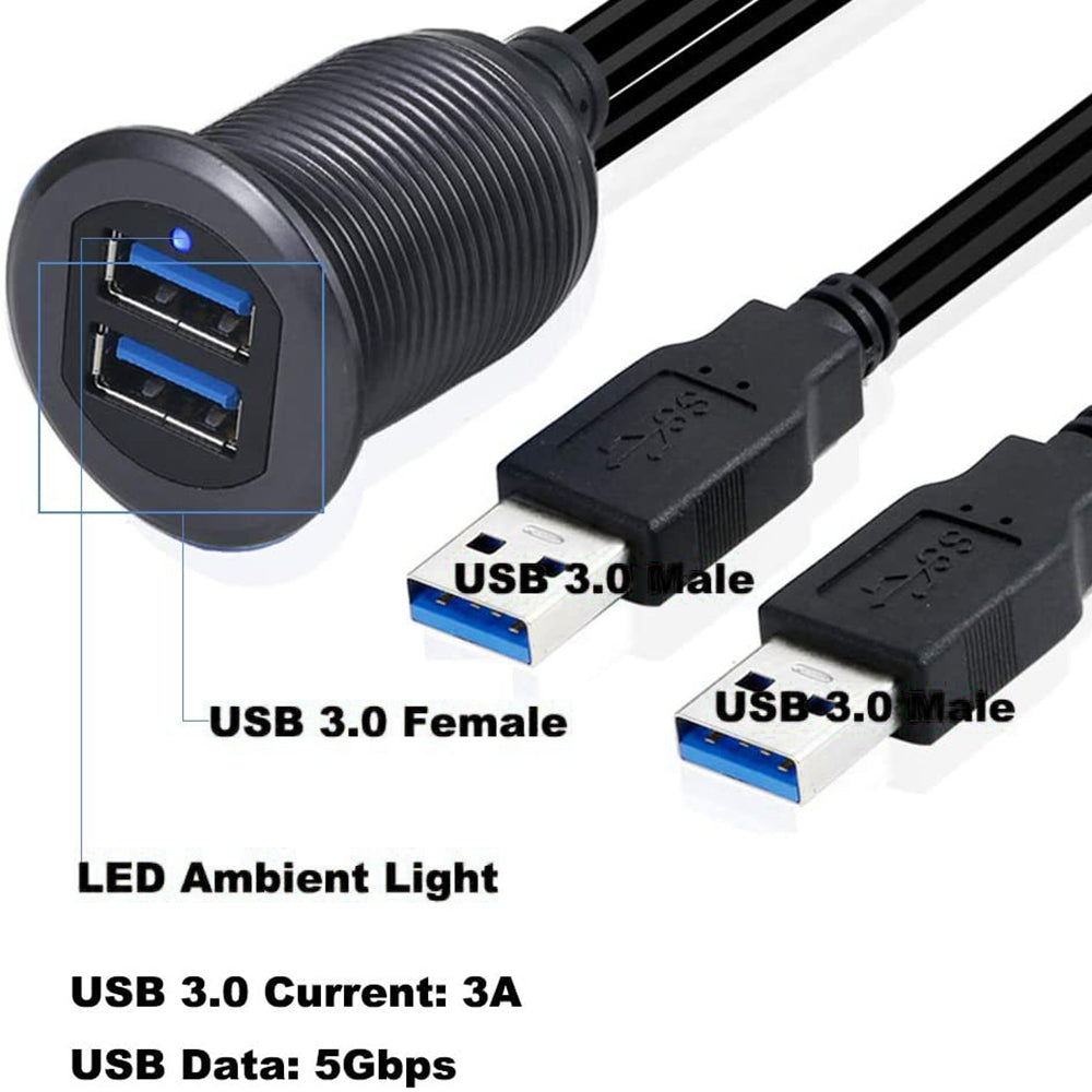 1m Metal Case Dual USB 3.0 Extension Cable Waterproof Car Dashboard Data Cable Mount Panel with LED for Ship/Motorbike/Car Dashboard