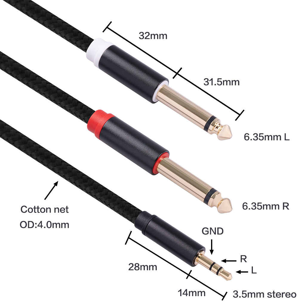 1m Audio Cable 3.5mm to Double 6.35mm Aux Cable 2 Mono 6.35 Jack to 3.5 Male for Phone to Mixer Amplifier