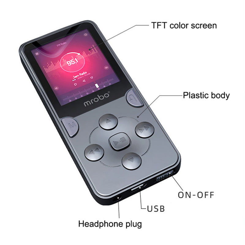 MROBO X-02 64GB 1.8-inch Screen Student Learning MP4 Player FM Radio Music Video Player with Sound Recording Function