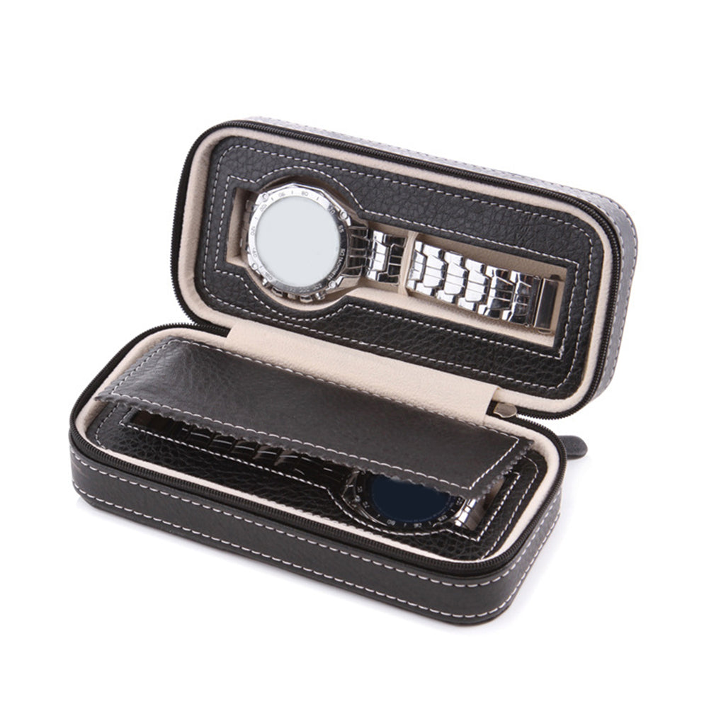 2 Grids Watch Storage Box Leather Zipper Portable Watch Case