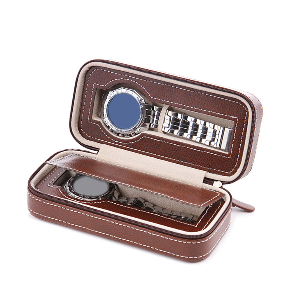 2 Grids Watch Storage Box Leather Zipper Portable Watch Case