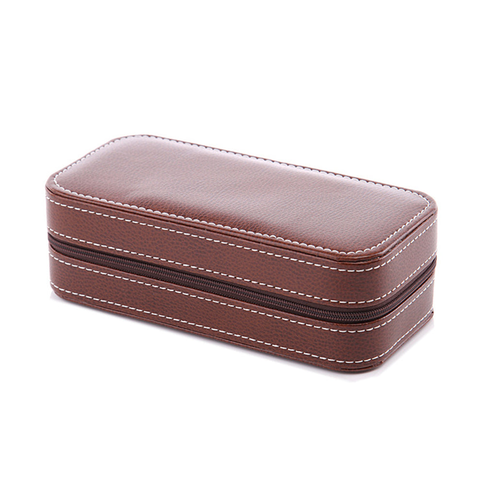 2 Grids Watch Storage Box Leather Zipper Portable Watch Case