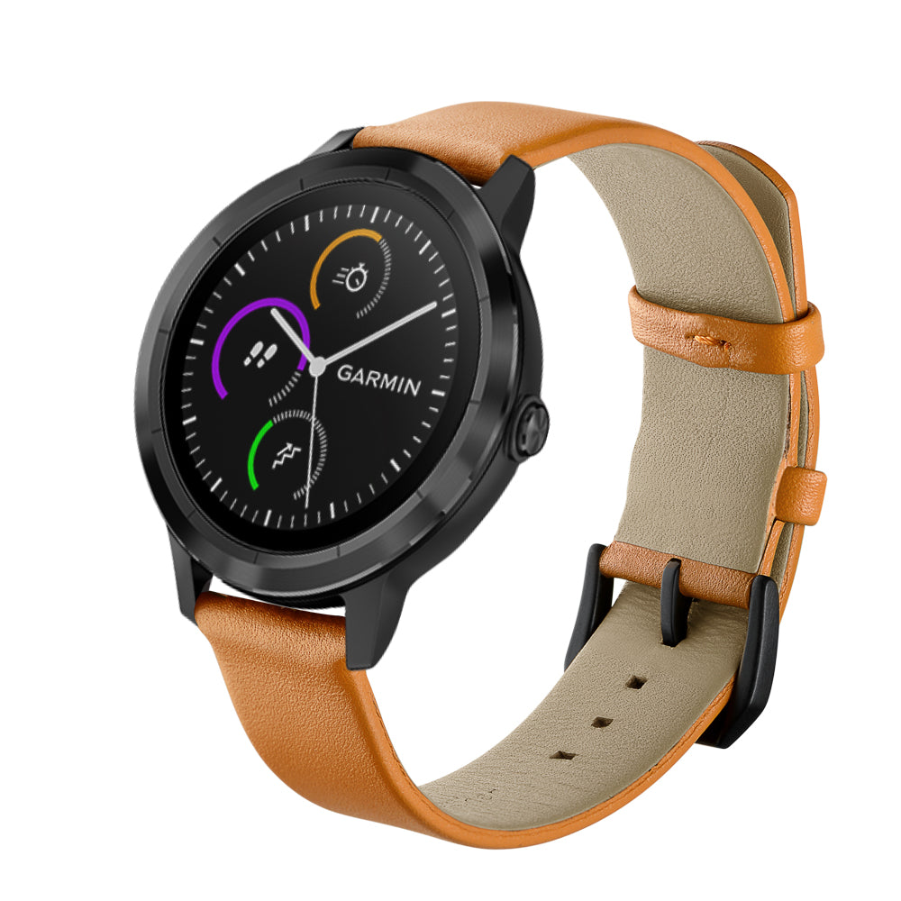 20mm Round Tail Genuine Leather Watch Band Replacement Strap for Garmin Vivoactive 3/Vivomove HR