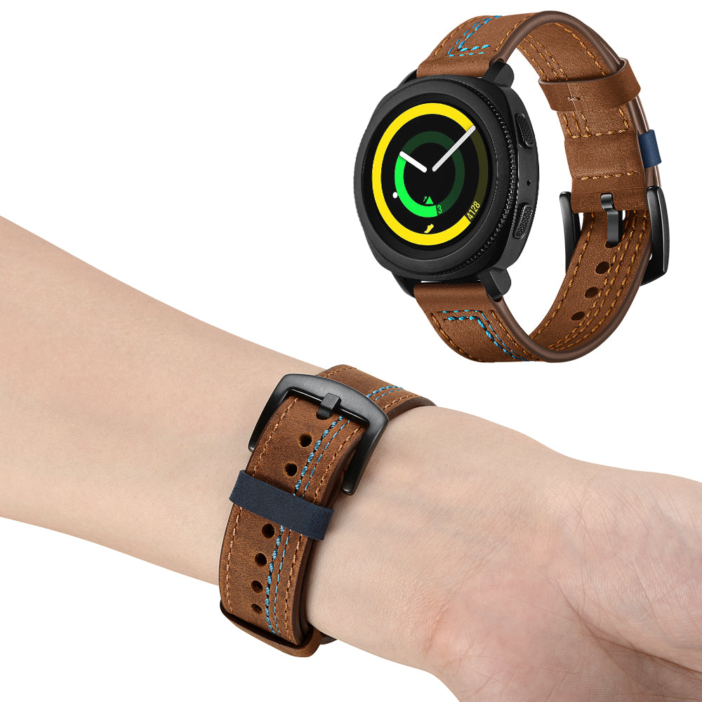 20mm Stitching Decor Genuine Leather Wrist Band Strap Replacement for Samsung Galaxy Watch4 Classic 46mm 42mm/Galaxy Watch4 44mm 40mm/Watch S4 Gear Sport