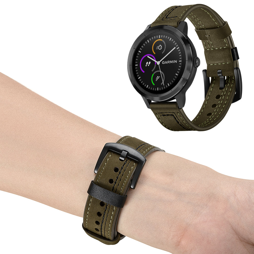 20mm Stitching Design Genuine Leather Wrist Band Strap Replacement for Garmin Vivoactive3 / VivomoveHR