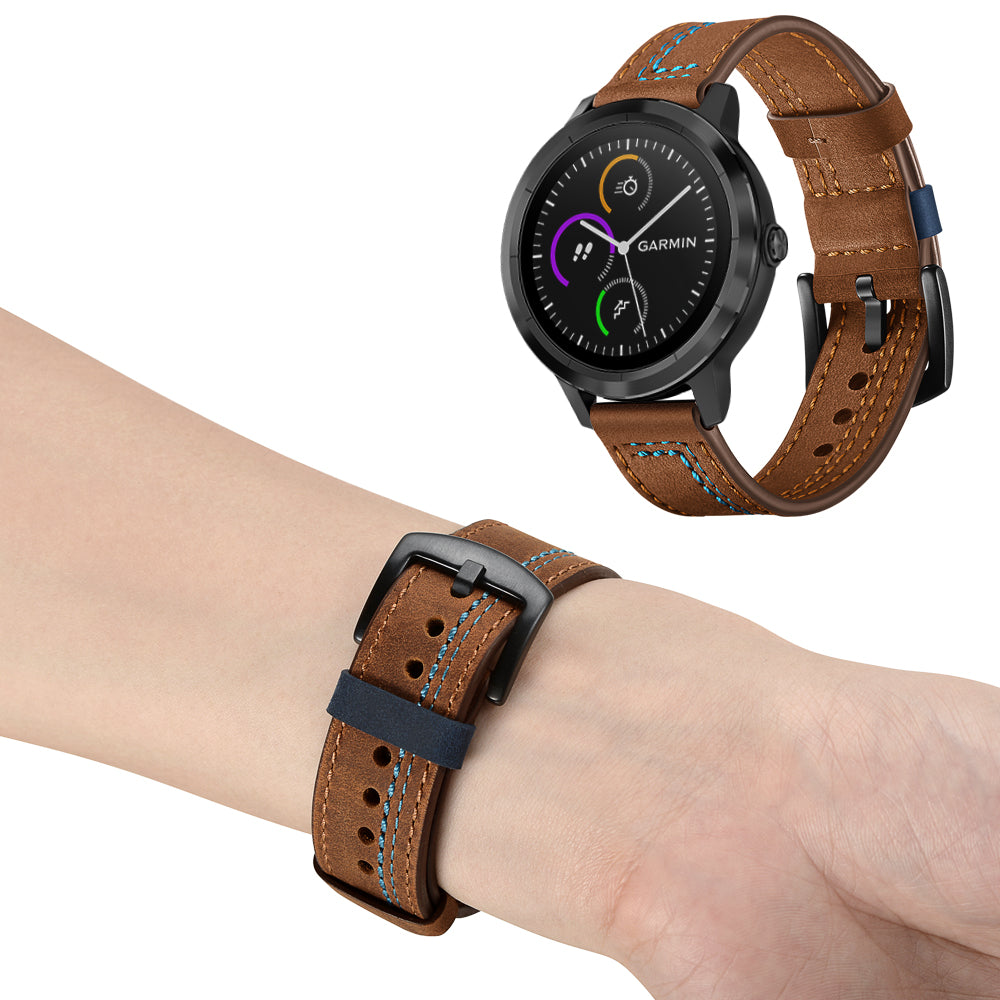 20mm Stitching Design Genuine Leather Wrist Band Strap Replacement for Garmin Vivoactive3 / VivomoveHR
