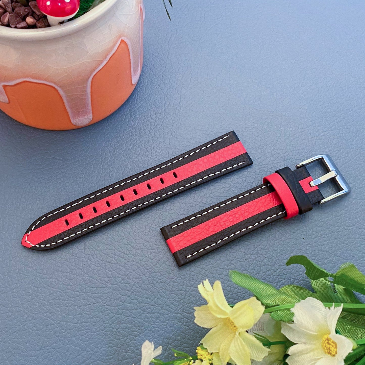 For Huami Amazfit Bip 1S/GTR 42mm Sewing Line Color Splicing Design Strap Adjustable Cowhide Leather Watch Band (20mm)