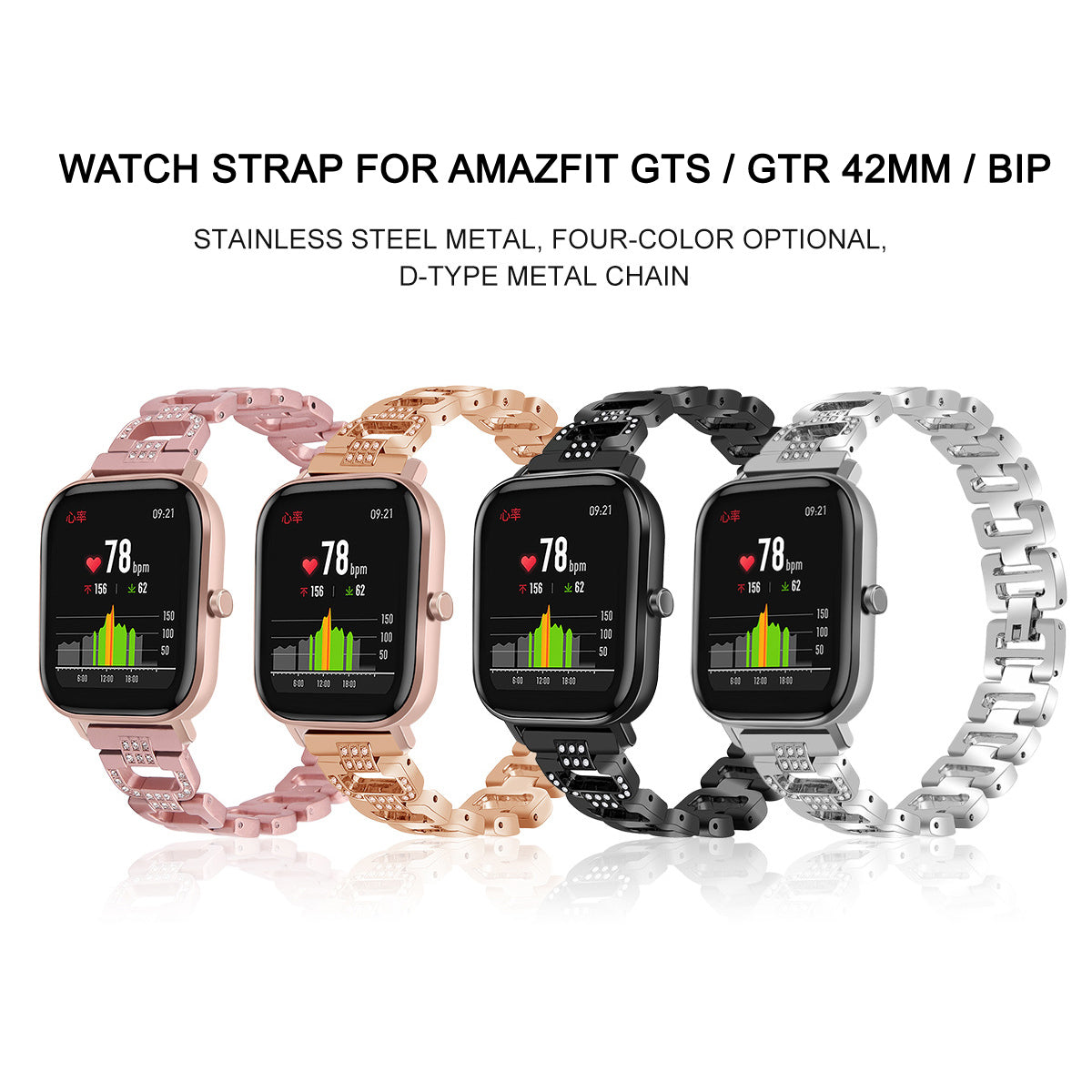 20mm Stainless Steel Watchband for Huami Amazfit GTS Samsung Gear S2 Classic Garmin Vivoactive 3 Universal Rhinestone Decorative D-chain Watch Strap