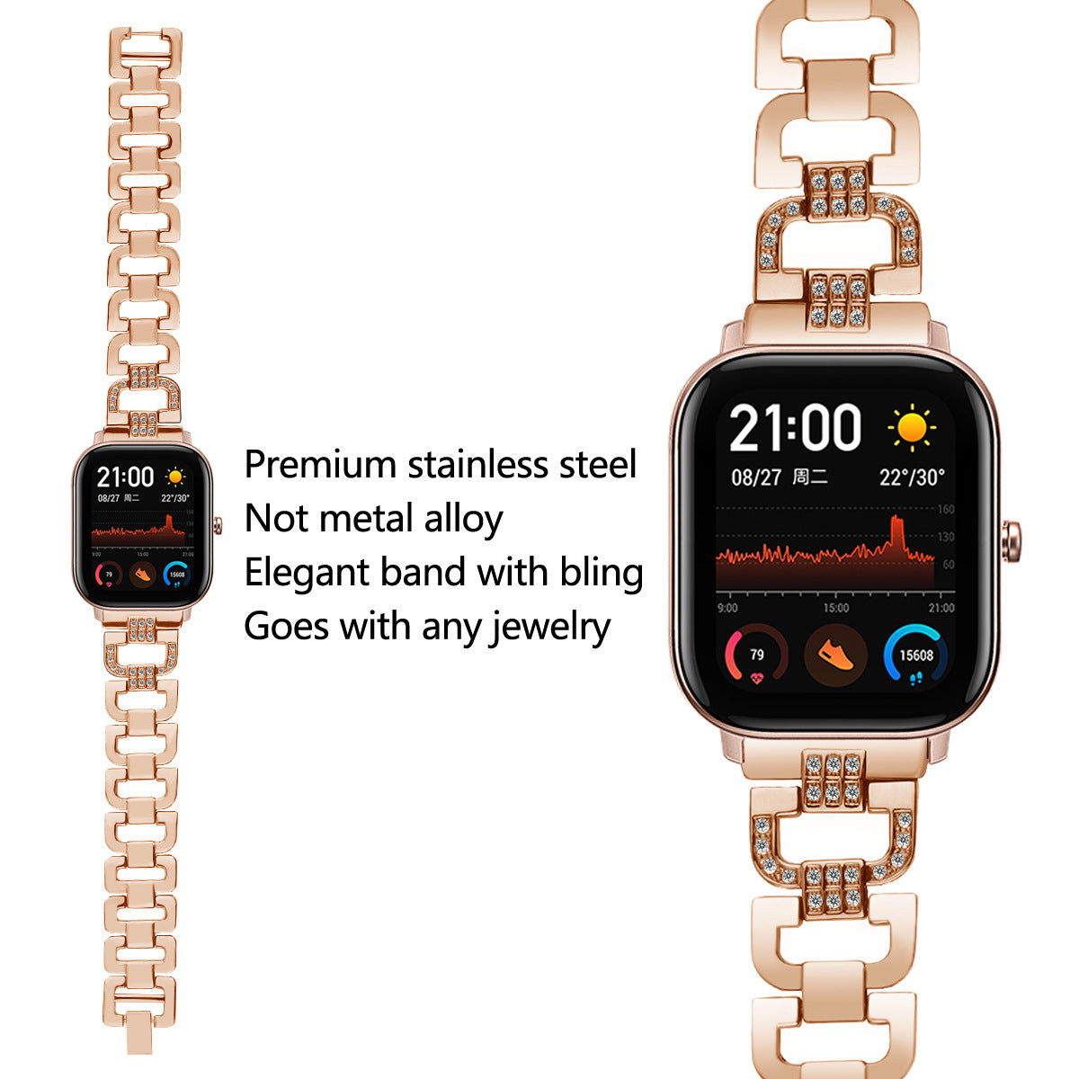 20mm Stainless Steel Watchband for Huami Amazfit GTS Samsung Gear S2 Classic Garmin Vivoactive 3 Universal Rhinestone Decorative D-chain Watch Strap