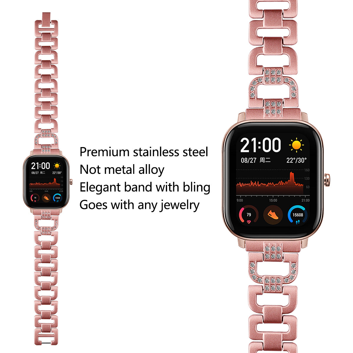 For Huawei Watch GT 2e Samsung Galaxy Watch 46mm Universal 22mm Rhinestone Decorative D-chain Watch Strap Stainless Steel Watchband