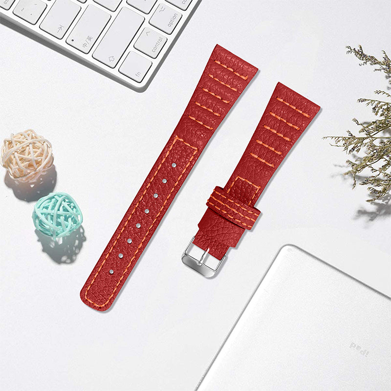 For Pebble 2/Time Round Top Layer Genuine Leather Watch Band Wave Stitching Lines Wrist Strap