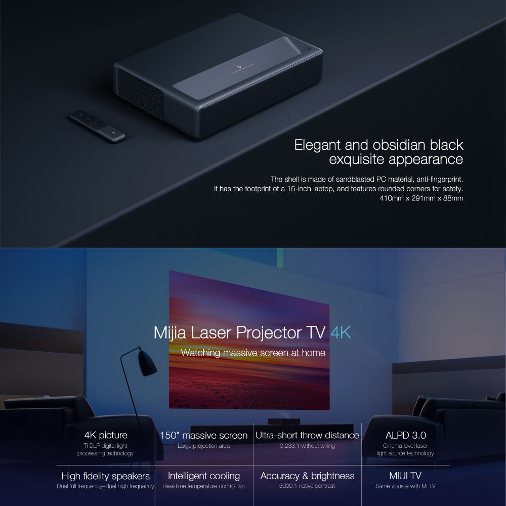XIAOMIYOUPIN MIJIA 1S 4K Laser Projector Electronic Focus Ultra HD Projector with Dolby Virtual Surround Function/Remote (CN Plug)