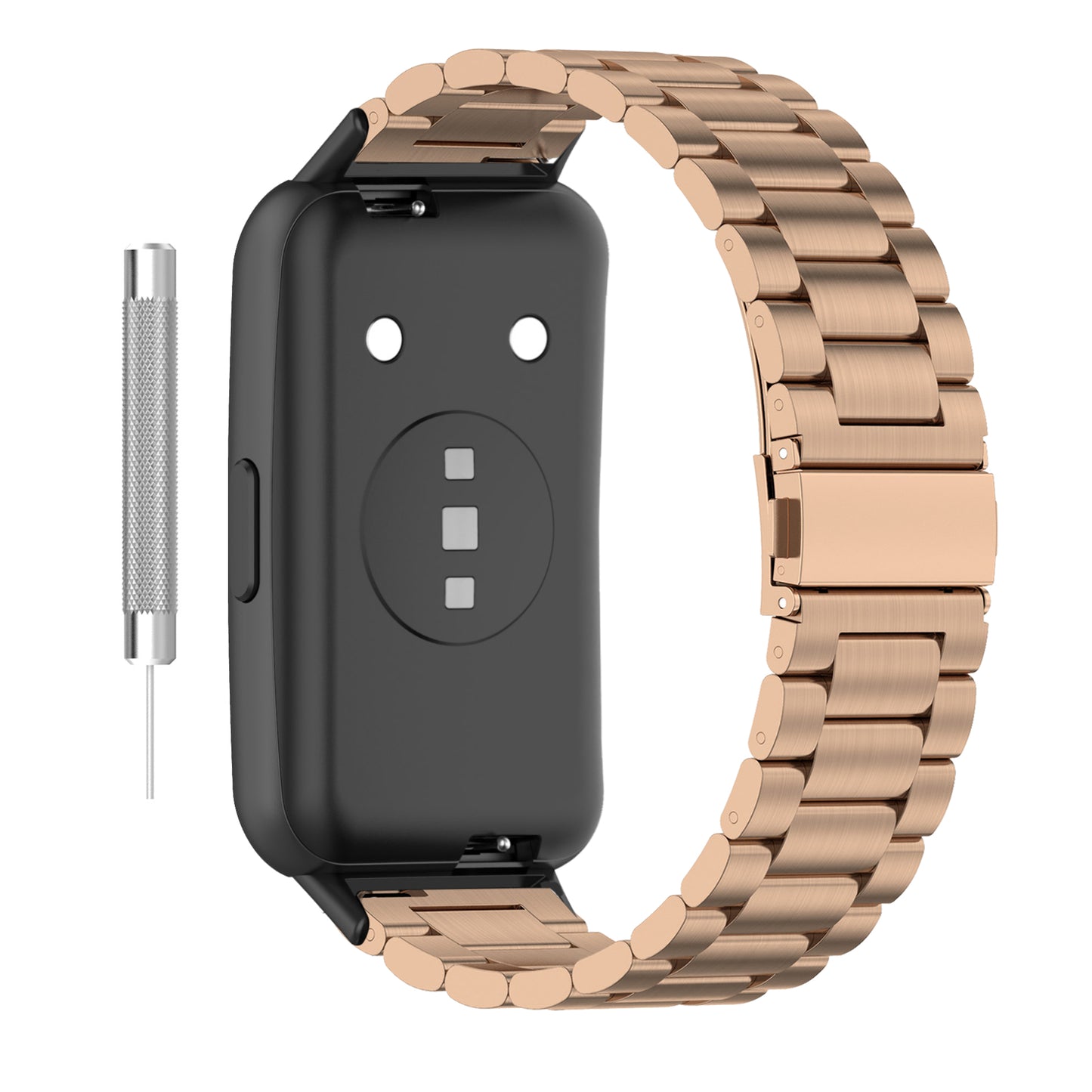 For Huawei Band 7 Stainless Steel Smart Watch Band Three Beads Replacement Strap with Folding Buckle