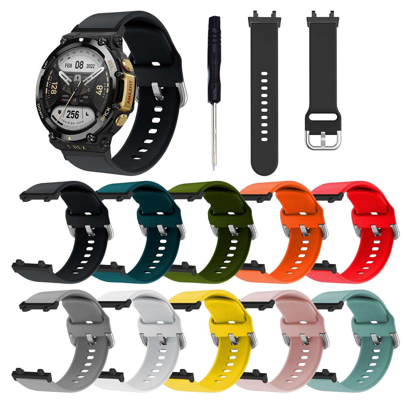 For Huami Amazfit T-Rex 2 Silicone Watch Strap Adjustable Wrist Band with Square Pin Buckle
