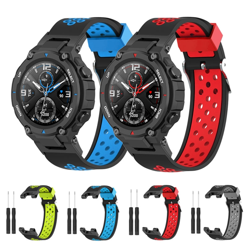 For Huami Amazfit T-Rex / T-Rex Pro / Ares, Dual-Color 22mm Watch Band Silicone Watch Strap Replacement Watchband with Multi-Hole Design
