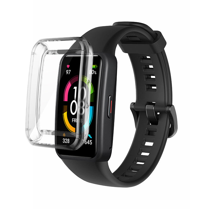 For Huawei Band 6 Soft Silicone Sports Wristband with Transparent TPU Case Full Around Bumper Frame Cover