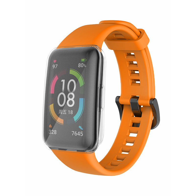 For Huawei Band 6 Soft Silicone Sports Wristband with Transparent TPU Case Full Around Bumper Frame Cover