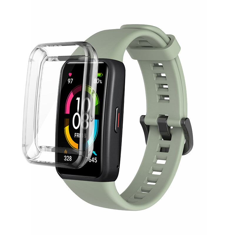 For Huawei Band 6 Soft Silicone Sports Wristband with Transparent TPU Case Full Around Bumper Frame Cover