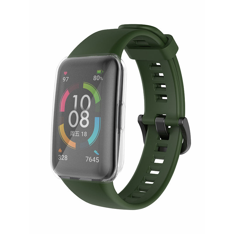 For Huawei Band 6 Soft Silicone Sports Wristband with Transparent TPU Case Full Around Bumper Frame Cover