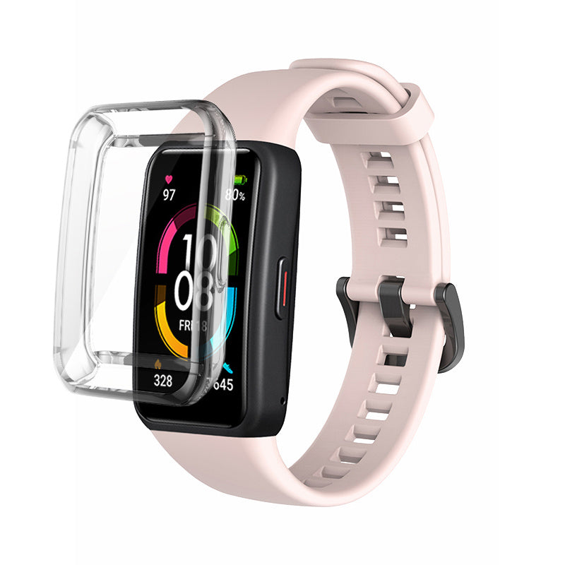 For Huawei Band 6 Soft Silicone Sports Wristband with Transparent TPU Case Full Around Bumper Frame Cover