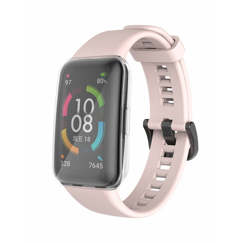 For Huawei Band 6 Soft Silicone Sports Wristband with Transparent TPU Case Full Around Bumper Frame Cover