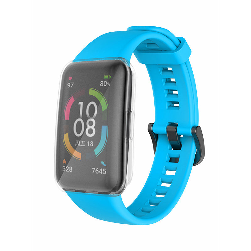 For Huawei Band 6 Soft Silicone Sports Wristband with Transparent TPU Case Full Around Bumper Frame Cover