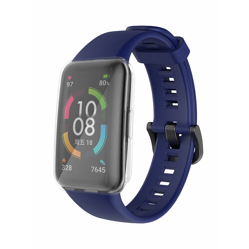 For Huawei Band 6 Soft Silicone Sports Wristband with Transparent TPU Case Full Around Bumper Frame Cover