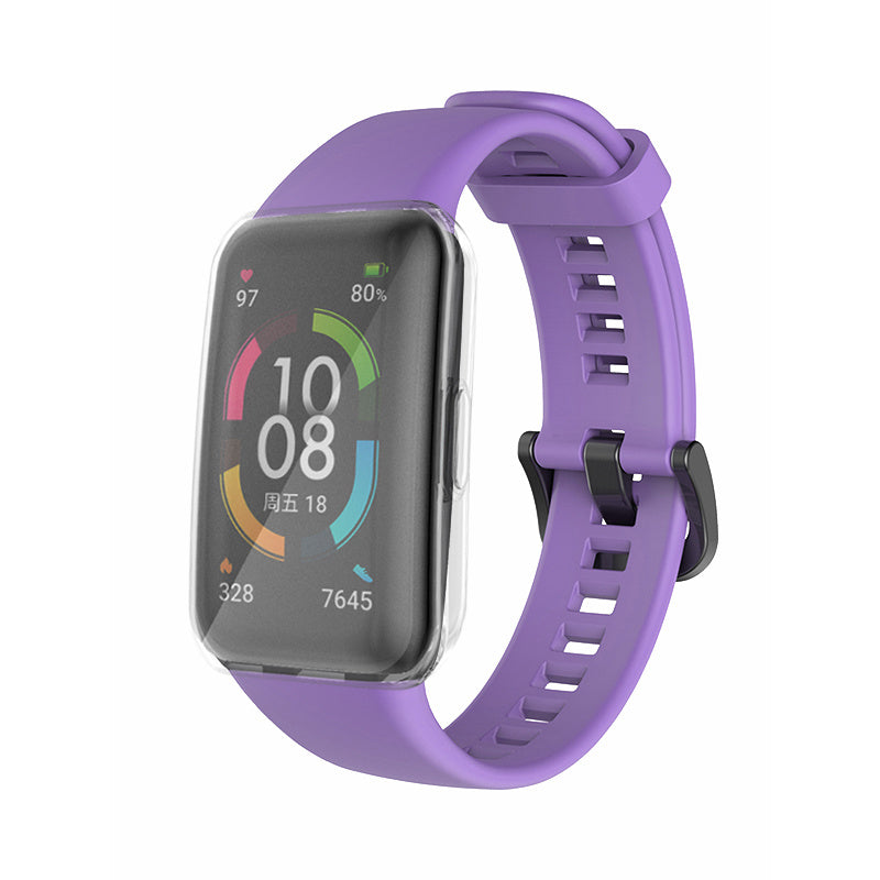 For Huawei Band 6 Soft Silicone Sports Wristband with Transparent TPU Case Full Around Bumper Frame Cover