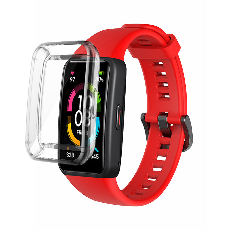 For Huawei Band 6 Soft Silicone Sports Wristband with Transparent TPU Case Full Around Bumper Frame Cover