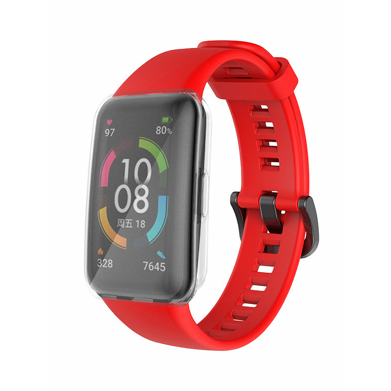 For Huawei Band 6 Soft Silicone Sports Wristband with Transparent TPU Case Full Around Bumper Frame Cover