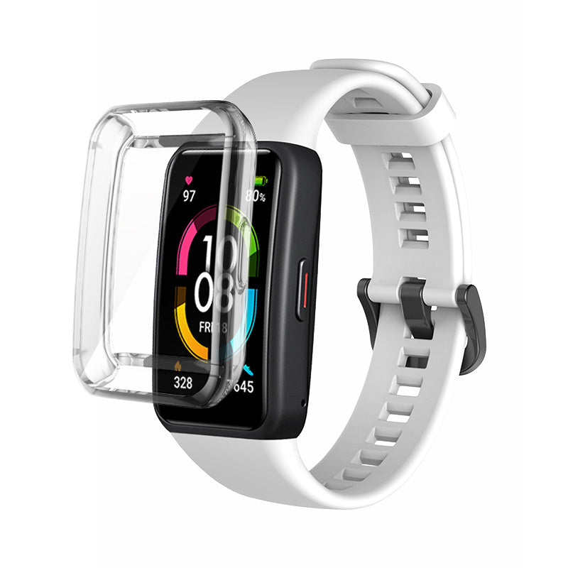 For Huawei Band 6 Soft Silicone Sports Wristband with Transparent TPU Case Full Around Bumper Frame Cover