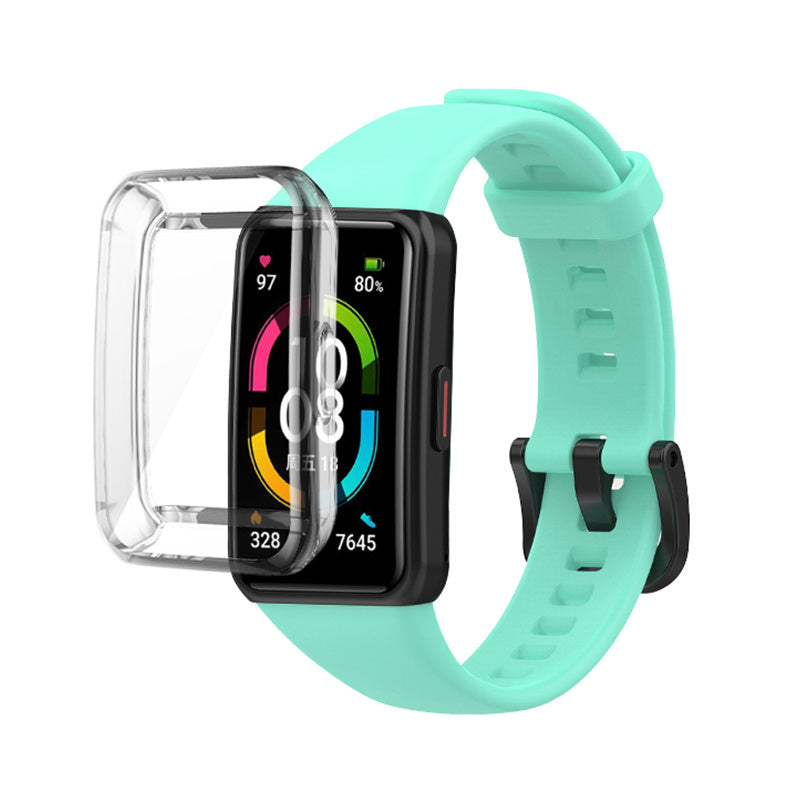 For Huawei Band 6 Soft Silicone Sports Wristband with Transparent TPU Case Full Around Bumper Frame Cover