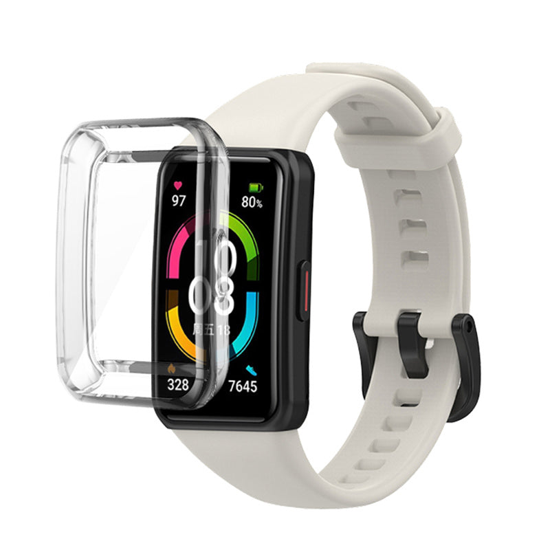For Huawei Band 6 Soft Silicone Sports Wristband with Transparent TPU Case Full Around Bumper Frame Cover