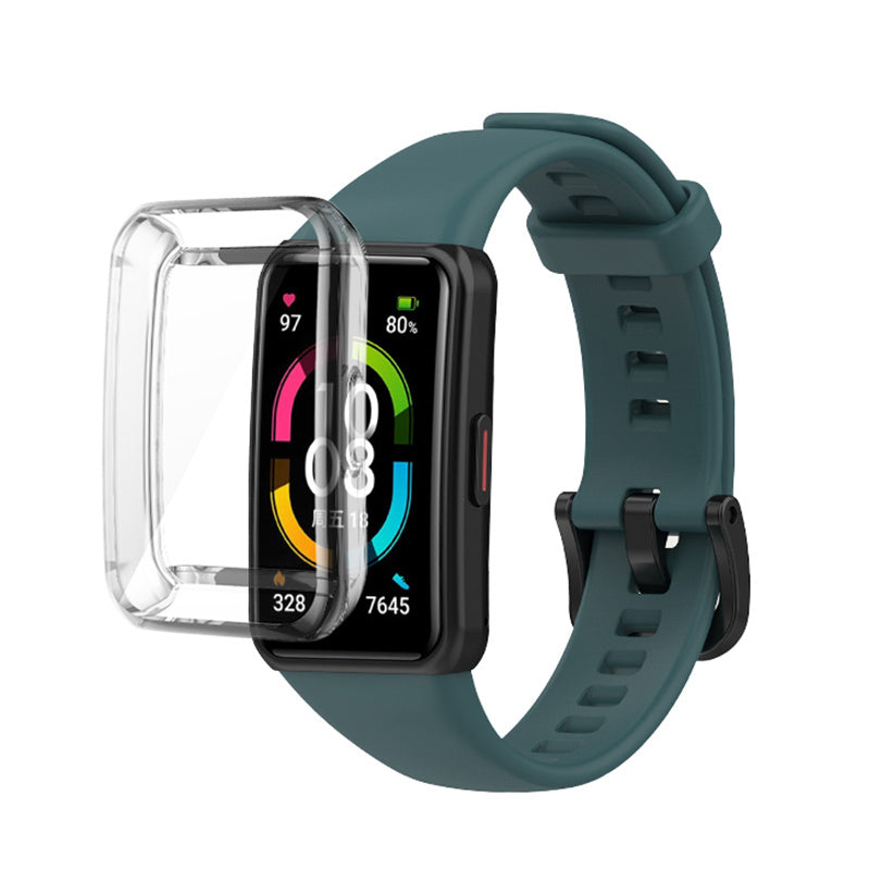 For Huawei Band 6 Soft Silicone Sports Wristband with Transparent TPU Case Full Around Bumper Frame Cover