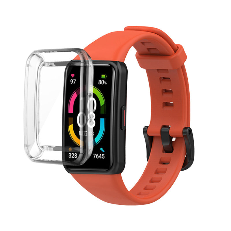 For Huawei Band 6 Soft Silicone Sports Wristband with Transparent TPU Case Full Around Bumper Frame Cover