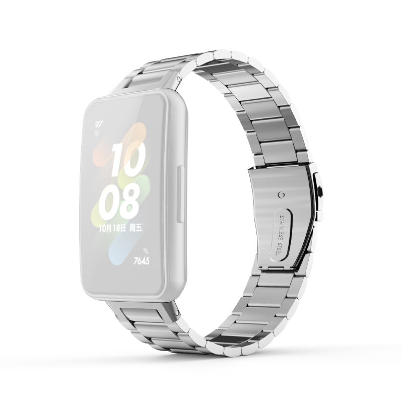 For Huawei Band 7 Three Beads Watch Band Replacement Stainless Steel Anti-scratch Wrist Strap