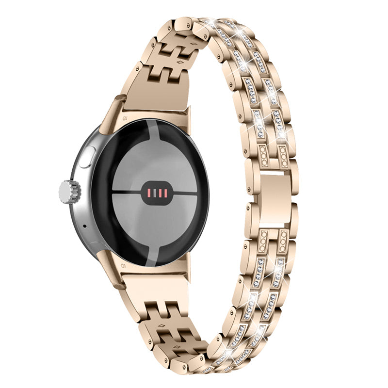 2 Rows Rhinestone Decor Watch Band for Google Pixel Watch, 5 Beads Metal Wrist Strap Replacement