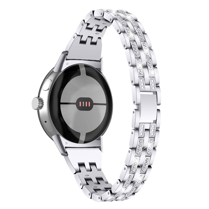 2 Rows Rhinestone Decor Watch Band for Google Pixel Watch, 5 Beads Metal Wrist Strap Replacement