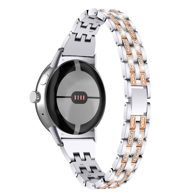 2 Rows Rhinestone Decor Watch Band for Google Pixel Watch, 5 Beads Metal Wrist Strap Replacement