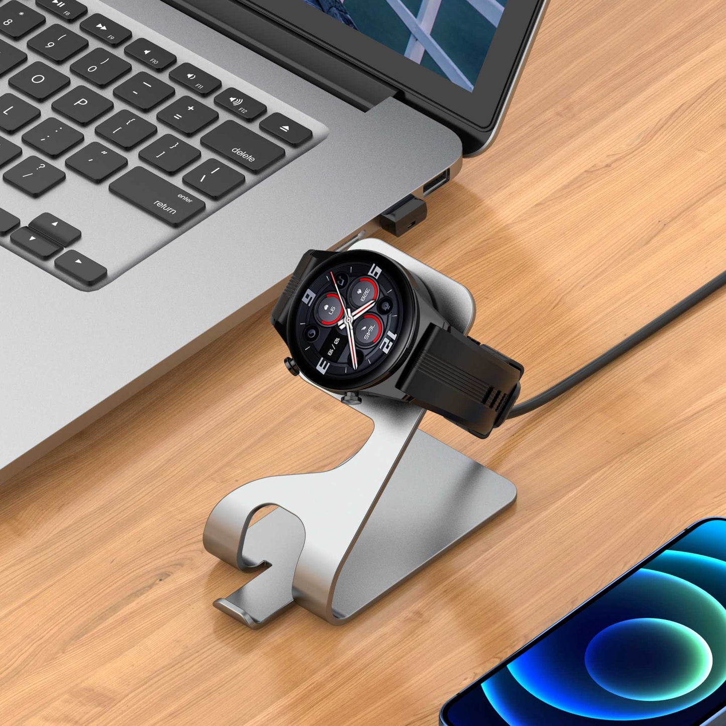 For Honor Watch GS3 Charging Cable Smart Watch Charger with Aluminum Alloy Bracket Stand Set (with Magnetic Function and Chip Protection)