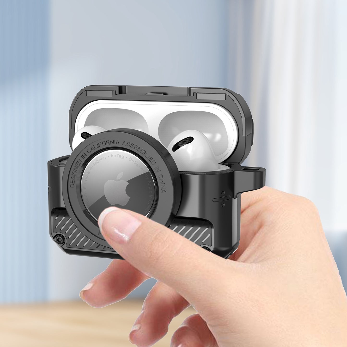 2 in 1 Protective Case for AirPods 3+AirTag Auto Spring Opening Bluetooth Earbuds Cover with Anti-Lost Hook
