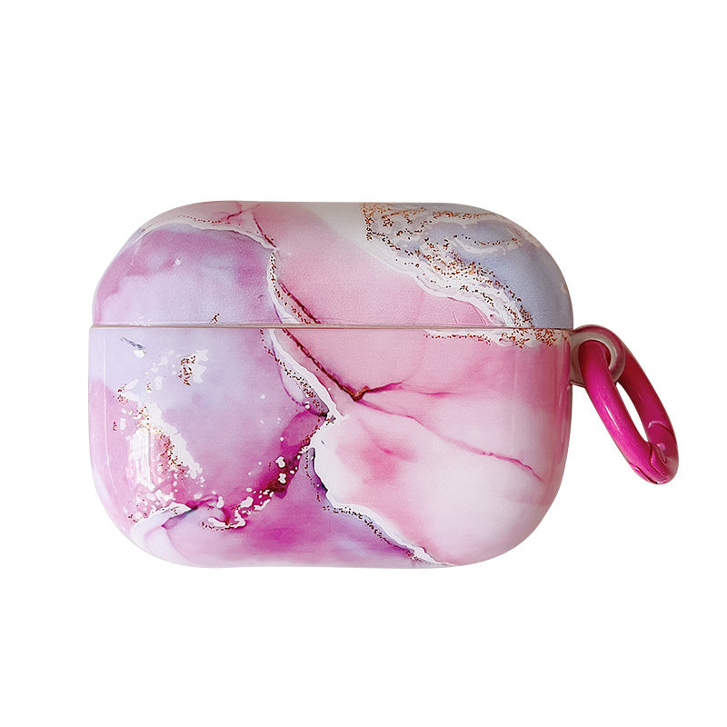 For Apple AirPods 3 IMD Marble Pattern Soft TPU Protective Case Glossy Bluetooth Earphone Drop-proof Cover with Ring Buckle