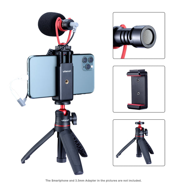 UALNZI Smartphone Video Kit 2 VM-Q1 Shotgun Video Microphone Interview Vlog Mic with ST-07 Phone Holder and MT-08 Mini Tripod