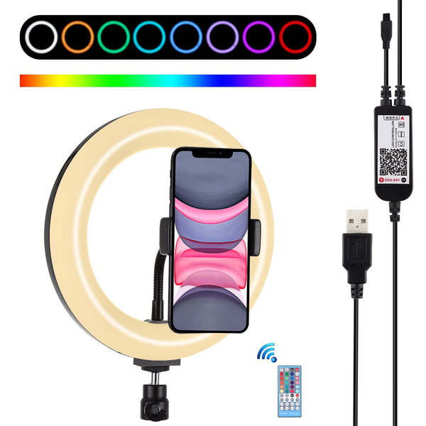 PULUZ PU503 7.9-inch 20cm USB RGB Dimmable Dual Color Temperature LED Vlogging Selfie Photography Video Ring Lights with Phone Clamp