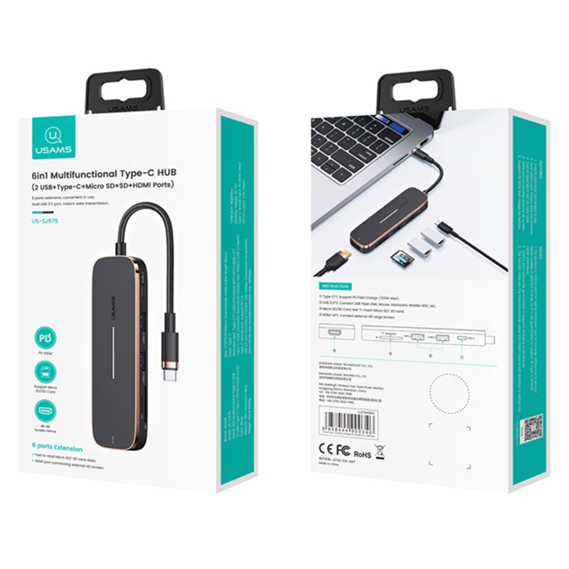 USAMS US-SJ575 USB C Hub to HD Video Ouput+2xUSB 3.0+100W PD Charger+2 Memory Card Slots for Type-C Laptops