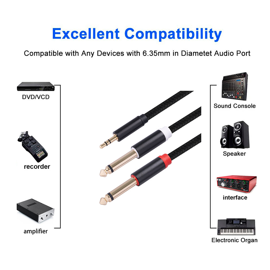 3.5mm to Double 6.35mm Aux Cable 2 Mono 6.35 Jack to 3.5 Male Audio Cable 2m for Phone to Mixer Amplifier