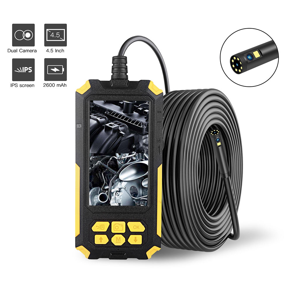 P50 10m Hard Wire 5.5mm Dual Lens Portable 4.5 inch Screen HD 1080P Industrial Endoscope Rechargeable Waterproof Pipe Inspection Camera