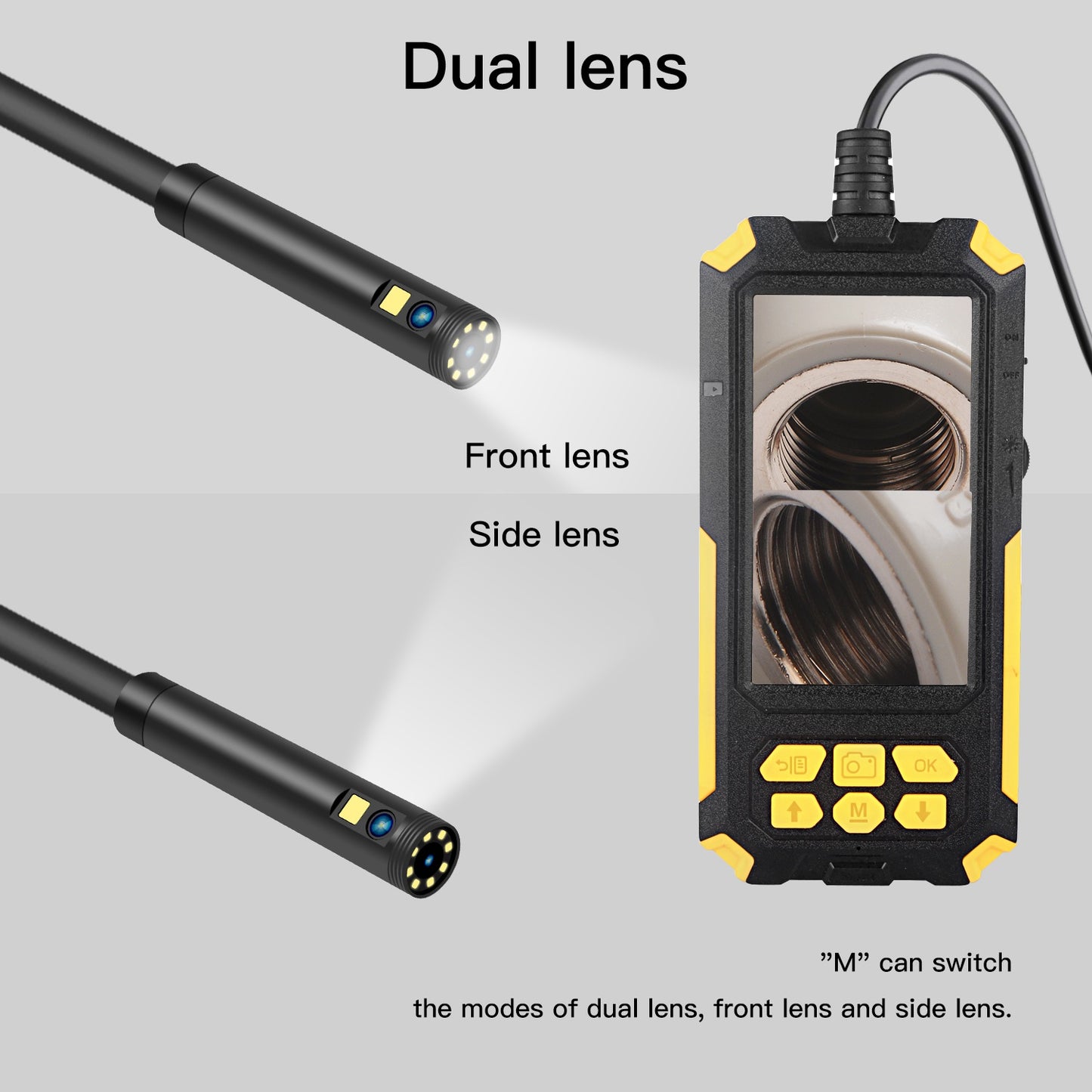 P50 10m Hard Wire 5.5mm Dual Lens Portable 4.5 inch Screen HD 1080P Industrial Endoscope Rechargeable Waterproof Pipe Inspection Camera