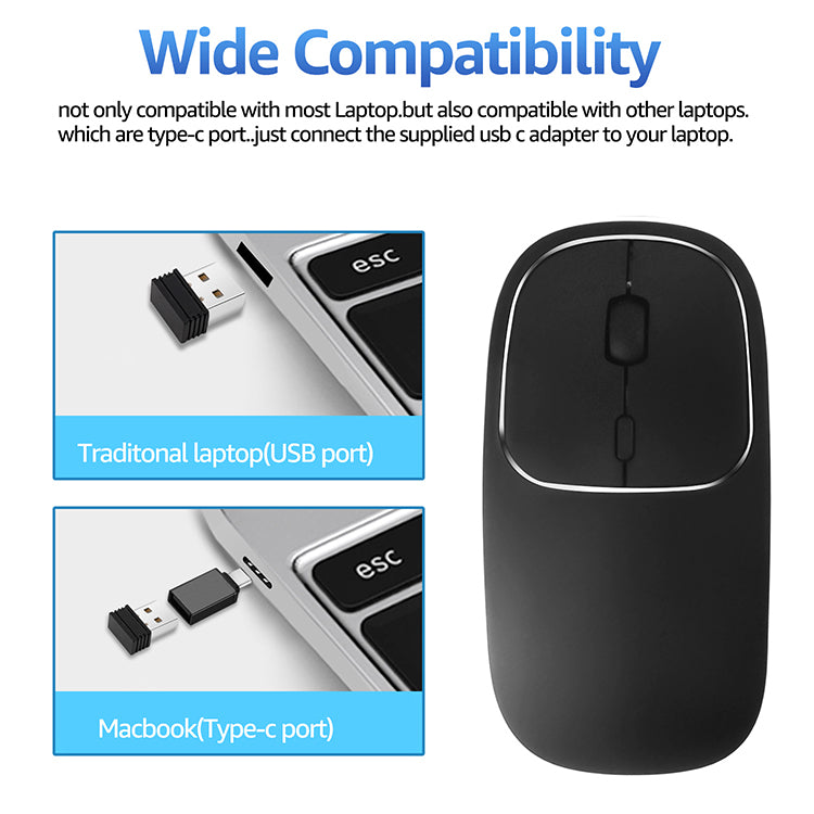 2.4G Wireless Optical Mouse Rechargeable Aluminium Alloy Mice with Type-C Adapter for Desktop Computer Office Laptop